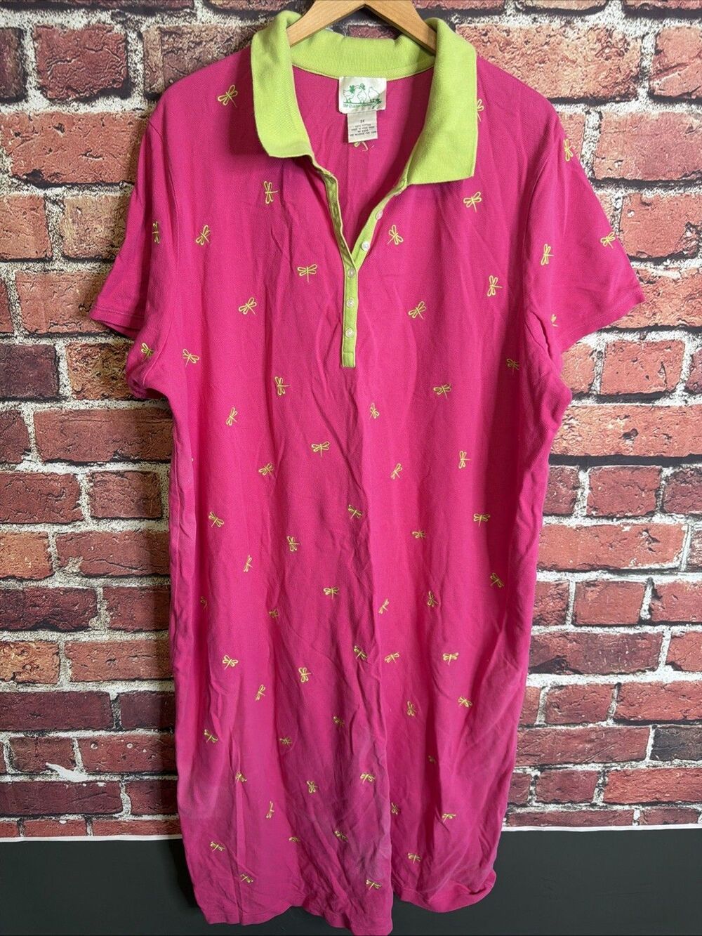 Quacker Factory Dress Womens Polo Pink Green Dragonfly Embroidered 3X Plus Size